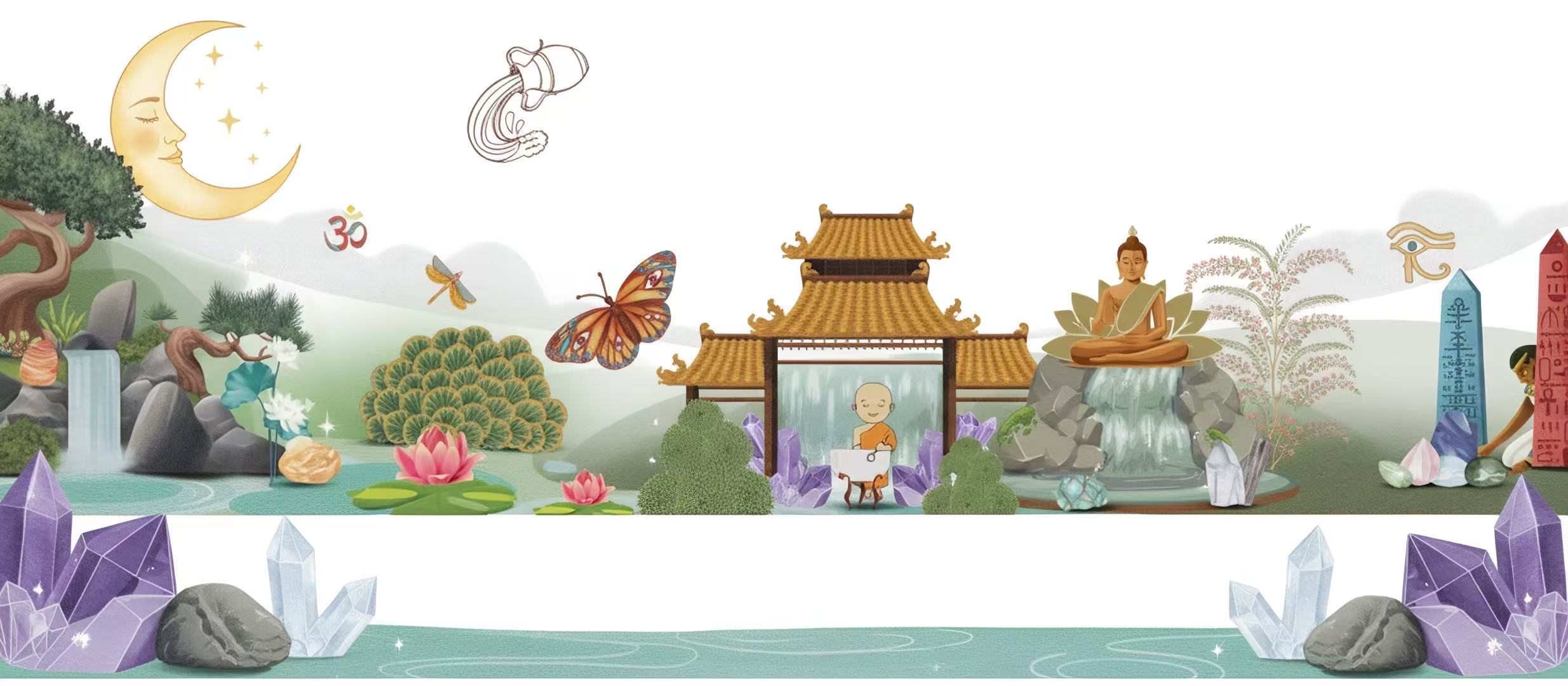 Crystal garden illustration with moon and spiritual elements