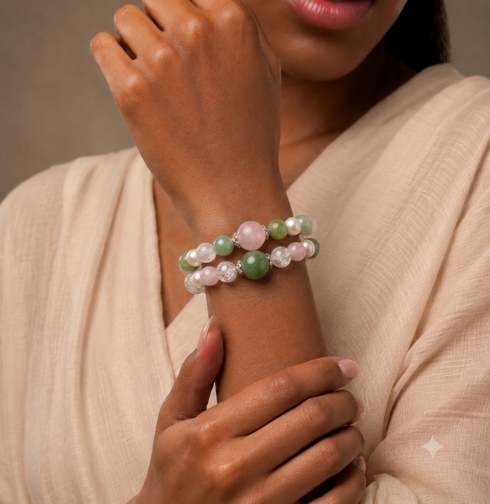Forest Bloom Crystal Bracelet — Green Phantom Quartz & Rose Quartz - Image 2