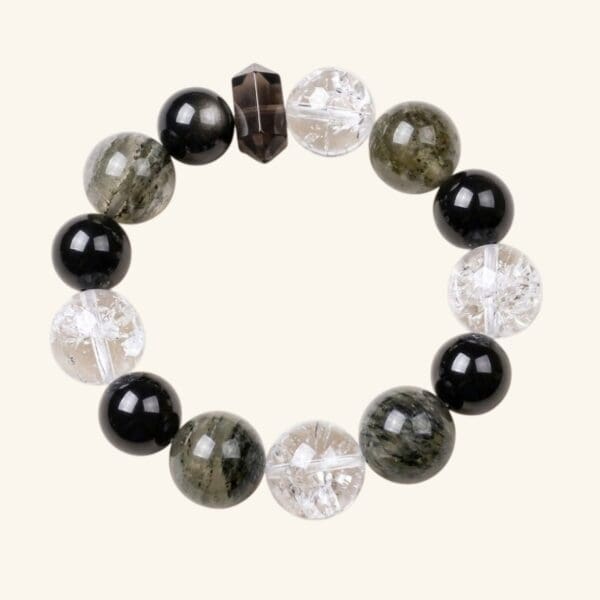 Shield Bloom Crystal Bracelet — Black Obsidian, Smoky Quartz & Clear Quartz