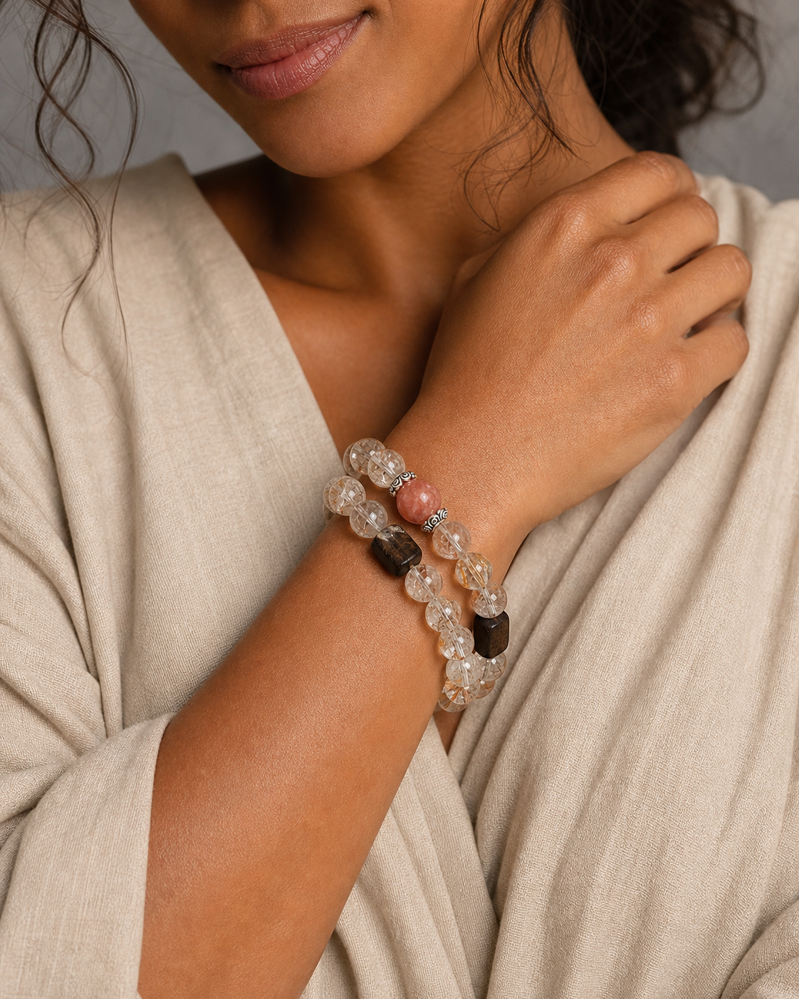 Radiance Bloom Double-Wrap Crystal Bracelet — Black Gold Super Seven - Image 5